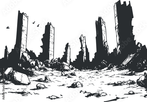 Black and white illustration of ruins with tall broken structures and scattered debris in a barren landscape.