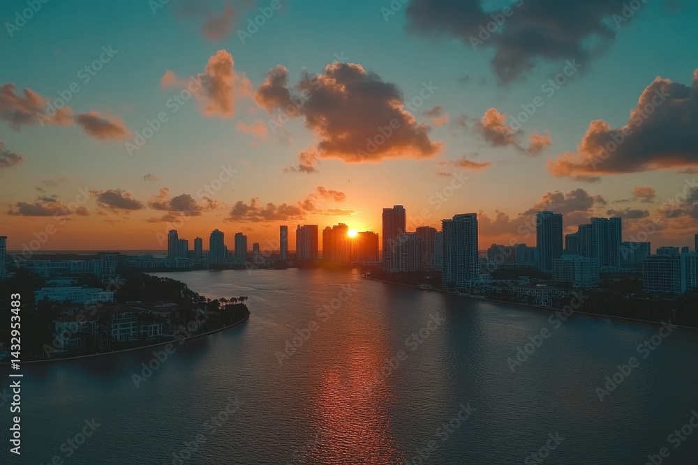 Aerial view of sunset over Edgewater Miami showcasing skyline and waterfront beauty, Aerial lateral b roll footage Edgewater Miami awesome sunset Aerial view of sunset over Edgewater Miami showcasing skyline and waterfront beauty, Aerial lateral b roll footage Edgewater Miami awesome sunset