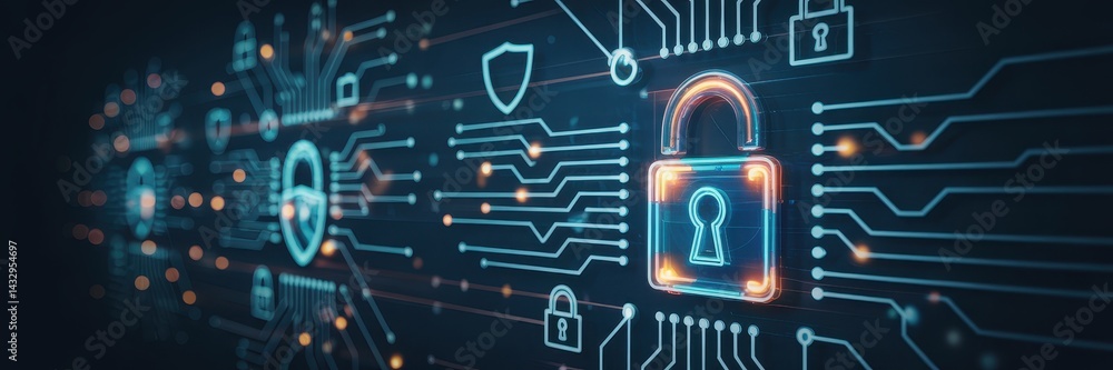 Digital security system illustration with circuit patterns.