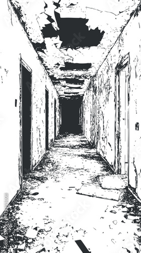 Black and white image of an abandoned hallway with peeling walls and ceiling in a derelict building.
