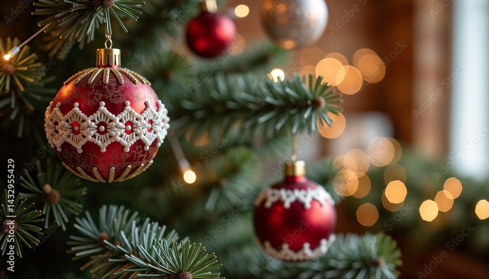 Decorated Christmas tree closeup featuring red and white frosted/glittery ornaments representing festive holiday warmth with a blurred background Decorated Christmas tree closeup featuring red and white frosted/glittery ornaments representing festive holiday warmth with a blurred background