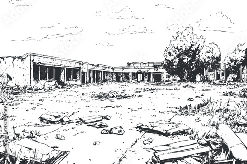 Black and white sketch of abandoned ruins with broken buildings, scattered debris, and overgrown vegetation