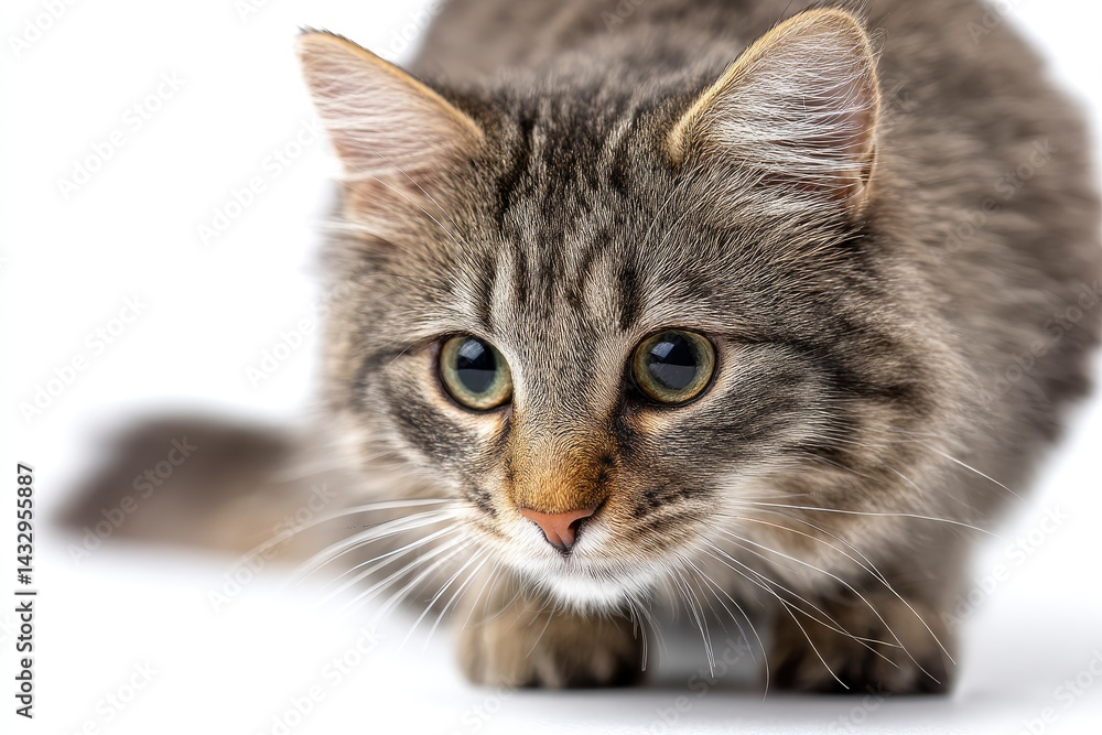 Gray Tabby Cat Face Close Up on White Background Gray Tabby Cat Face Close Up on White Background