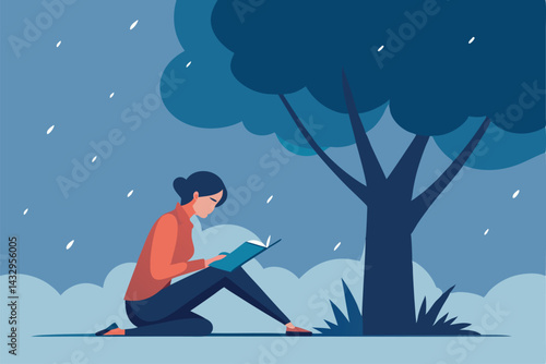 girl writing journal under tree in drizzle .eps
