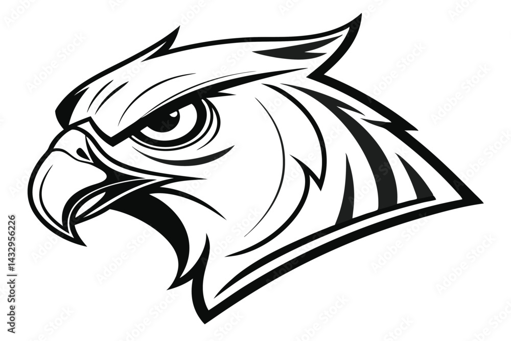 Obraz premium Owl Head Mascot Style, Line Art Bird Illustration, Black and White Predator Design