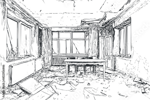 Abandoned and dilapidated empty room with debris on floor, broken windows, and peeling walls