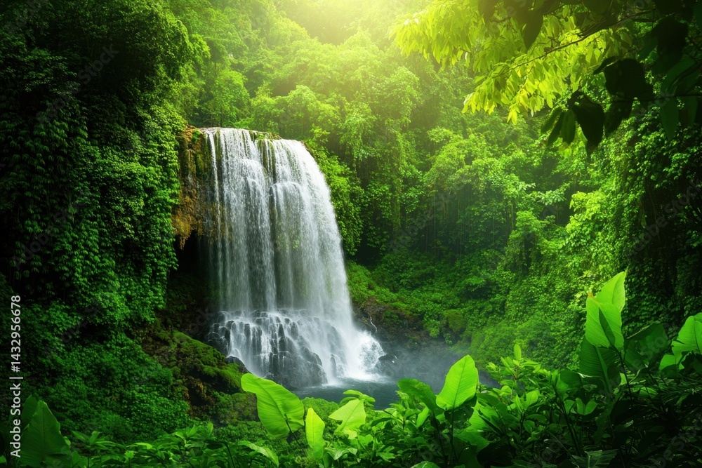 Obraz premium Majestic waterfall cascading through lush green forest in Thailand, Beautiful waterfall in green forest Thailand nature background