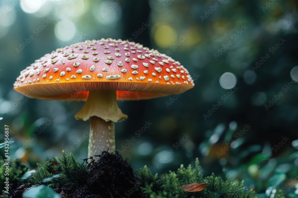 Fototapeta premium Magic mushroom Amanita muscaria in a lush forest setting during daytime under natural light, Amanita muscaria magic mushroom god, ai generated, vertical