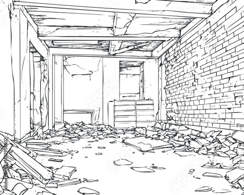Black and white line art of an abandoned, dilapidated room filled with debris and broken structural elements