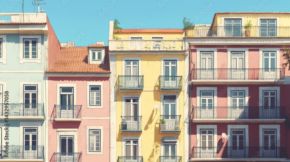 Colorful pastel buildings with balconies and terracotta roofs under a sunny sky. Colorful pastel buildings with balconies and terracotta roofs under a sunny sky.