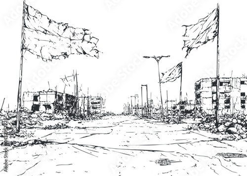 Black and white sketch of a desolate urban street with ruined buildings and torn flags symbolizing devastation and war aftermath