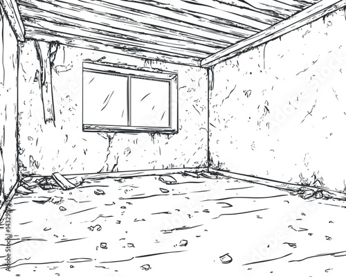Illustration of an empty dilapidated room with cracked walls, a window, and debris on the floor.