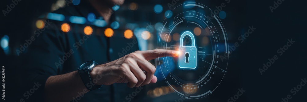 Person interacting with a digital lock graphic.
