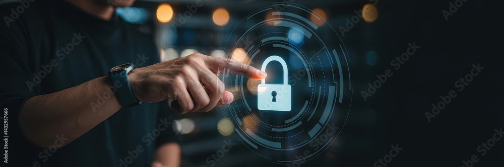 Person interacting with a digital lock graphic