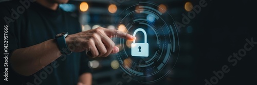 Person interacting with a digital lock graphic