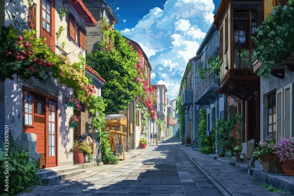 Obraz premium Charming anime street with vibrant greenery and colorful buildings in a peaceful setting, anime background depicting a charming street anime Photo background
