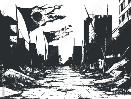 Black and white illustration of a postapocalyptic destroyed city street with torn flags and debris