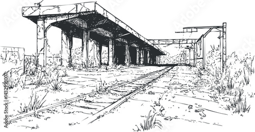 Black and white sketch of an abandoned railway station with empty platform and tracks