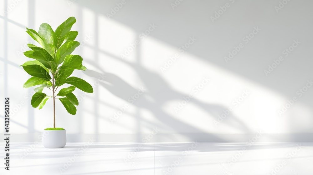 A potted green plant casting a shadow on a white wall, minimalist interior design with natural light streaming through window, and serene and modern. A potted green plant casting a shadow on a white wall, minimalist interior design with natural light streaming through window, and serene and modern.