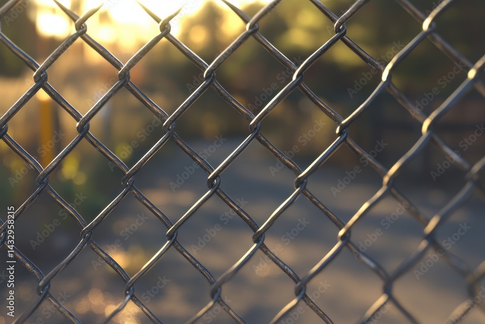 Fototapeta premium Chain Link fence with sunlight filtering through at a park during golden hour, HDR chain link fence Photo