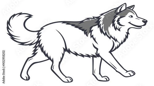 malamute Line Drawing Isolated on White Background Vector