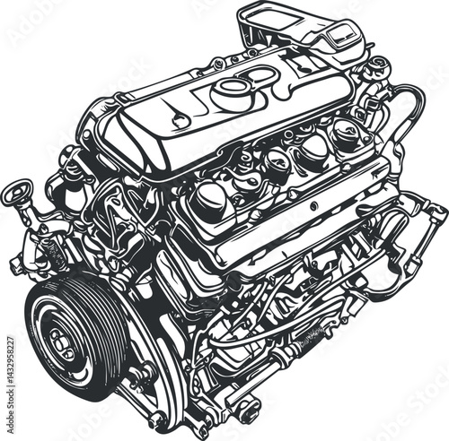 Detailed black and white illustration of a car engine showing mechanical parts and components