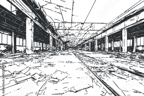 Black and white sketch of an abandoned industrial warehouse interior with debris and destruction