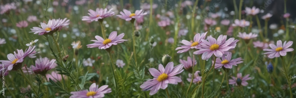 Close-up of delicate wildflowers, dew-kissed petals, closeup, nature Close-up of delicate wildflowers, dew-kissed petals, closeup, nature
