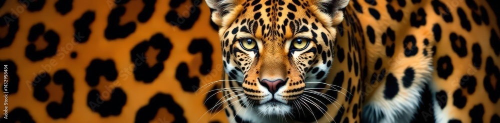 Obraz premium Close-up of leopard's face with repeating orange and black leopard print texture in the background, pattern, orange, black