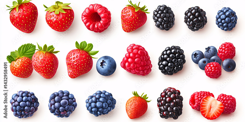 A vibrant collection of various berries, including strawberries, raspberries, blackberries, and blueberries. A vibrant collection of various berries, including strawberries, raspberries, blackberries, and blueberries.