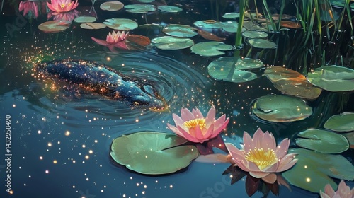 Water lilies and lily pads float on a pond with a dark surface.