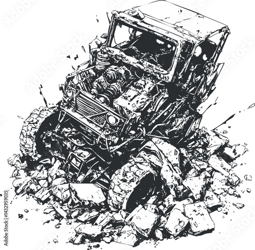 Black and white illustration of an offroad vehicle crashing through rocks and rubble on rough terrain