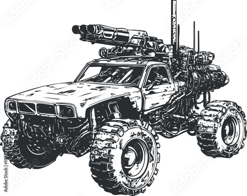 Black and white illustration of an offroad truck equipped with heavy weaponry and large tires for rough terrain