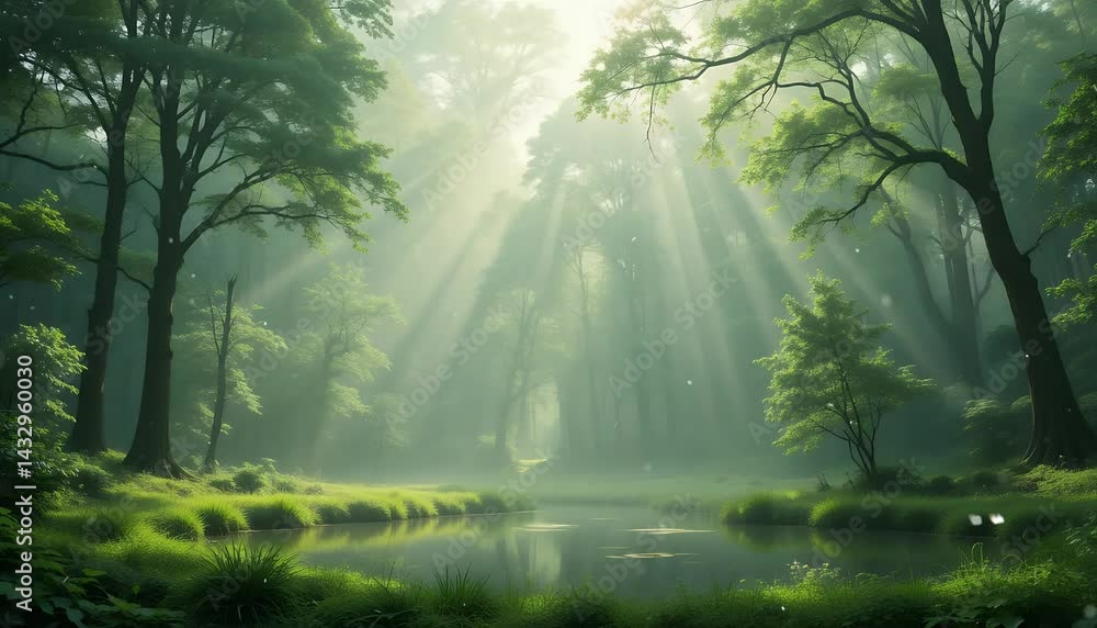Sunlight Streaming Through Misty Forest Landscape Stock Video. Seamless looping overlay 4k virtual video animation background Sunlight Streaming Through Misty Forest Landscape Stock Video. Seamless looping overlay 4k virtual video animation background