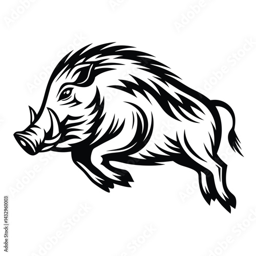 Wallpaper Mural Black and White Wild Boar Jumping, Running, Fierce Animal, Mammal, Torontodigital.ca