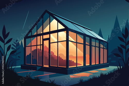glass greenhouse glowing during evening rain 
