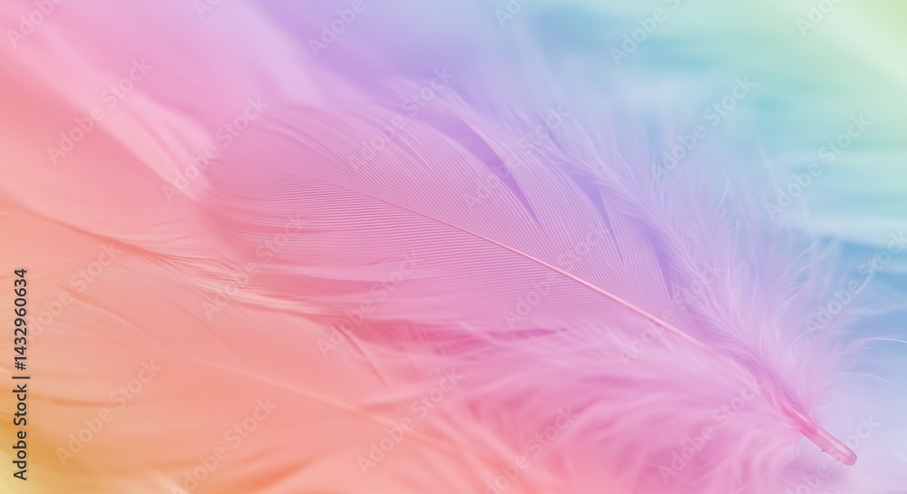 A detailed close-up captures the intricate texture of a soft feather, bathed in a gentle blend of pastel pink, purple, and blue. A detailed close-up captures the intricate texture of a soft feather, bathed in a gentle blend of pastel pink, purple, and blue.