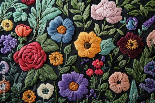 Wallpaper Mural Vibrant embroidered floral design on dark fabric. Torontodigital.ca