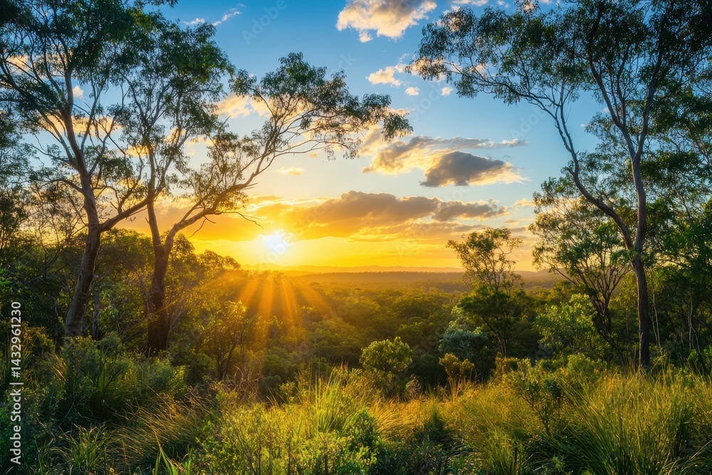 Fototapeta premium Breathtaking sunset over the wild nature of Australia's Northern Territory reflecting vibrant colors, Australia Northern Territory sunset in wild nature landscape Bush forest view
