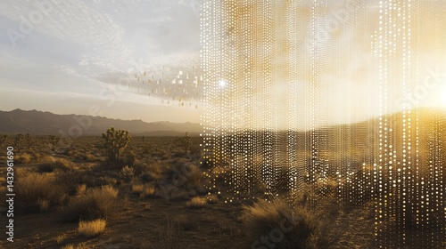 Desert landscape with mountains and sky at sunset or sunrise with light effects.