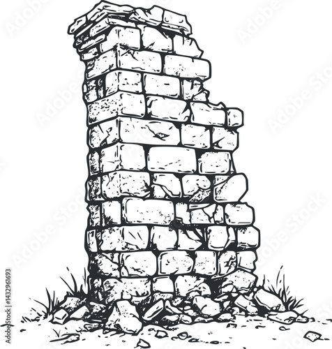 Black and white illustration of an old broken stone wall ruin with scattered rubble and grass