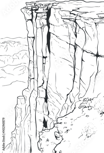 Detailed black and white line art of a steep rocky cliff with rugged edges and distant mountain landscape