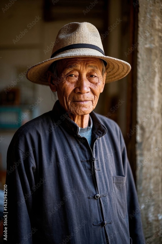 arafed man wearing a hat and a blue shirt standing in front of a wall arafed man wearing a hat and a blue shirt standing in front of a wall