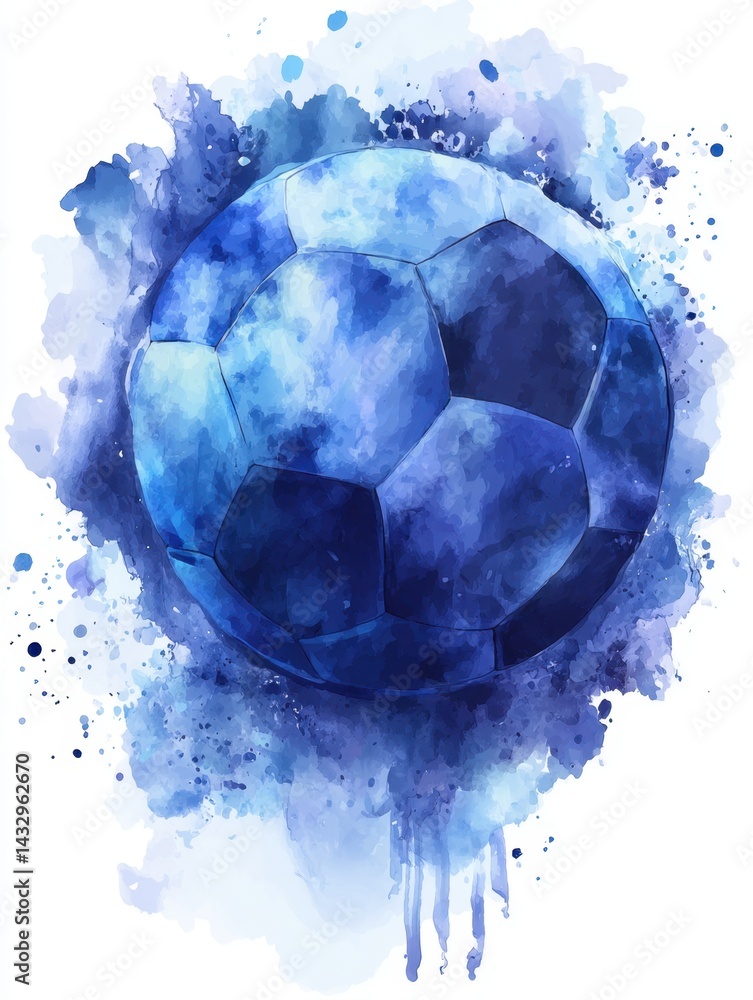 Naklejka premium Artistic watercolor painting of a blue soccer ball with splashes on a white background sports equipment for football match creative illustration style