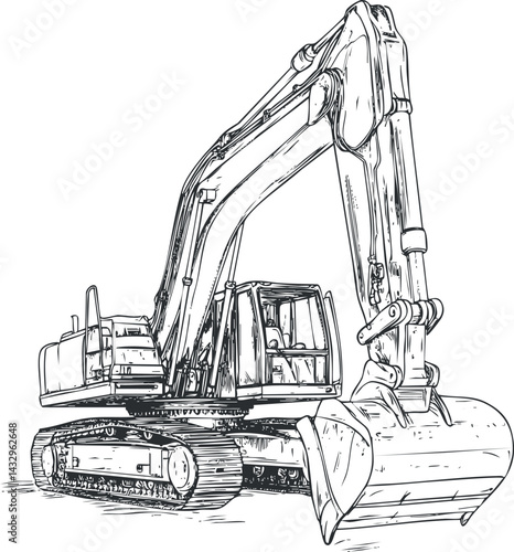 Detailed black and white sketch of an excavator heavy machinery used for construction and earthmoving