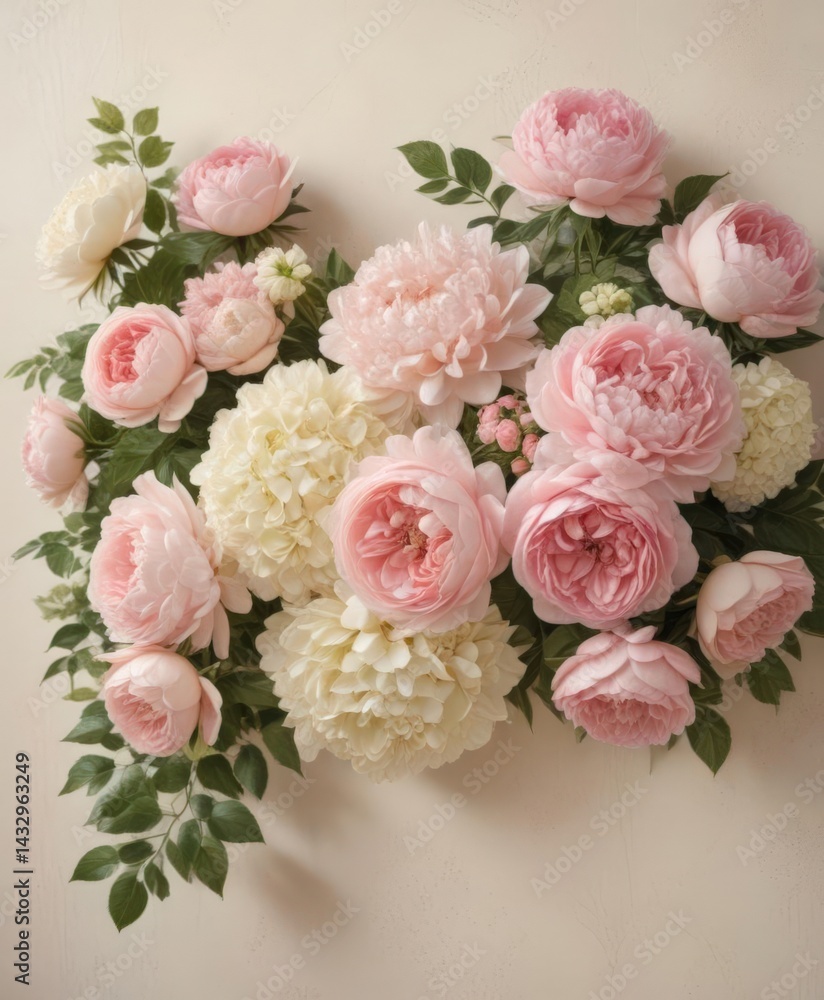 Delicate pink & cream artificial roses, peonies, hydrangeas create a vintage floral wall scene , vintage, rose Delicate pink & cream artificial roses, peonies, hydrangeas create a vintage floral wall scene , vintage, rose