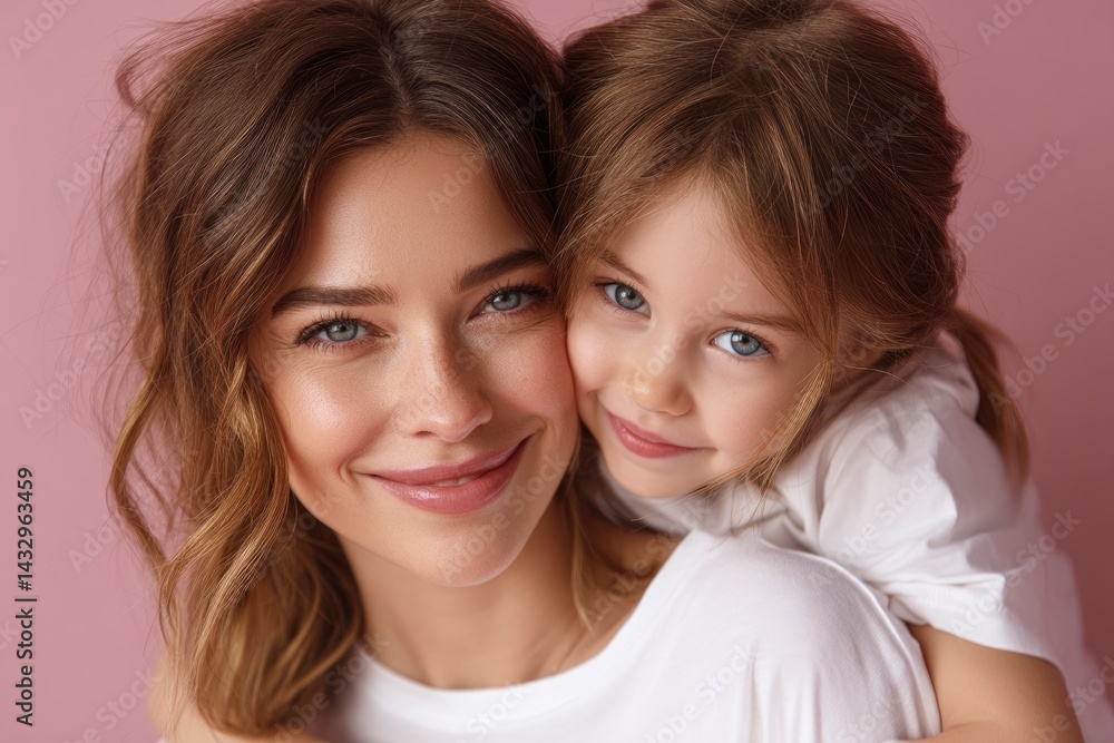 Mother and Daughter Smiling with White T-shirt Mother and Daughter Smiling with White T-shirt