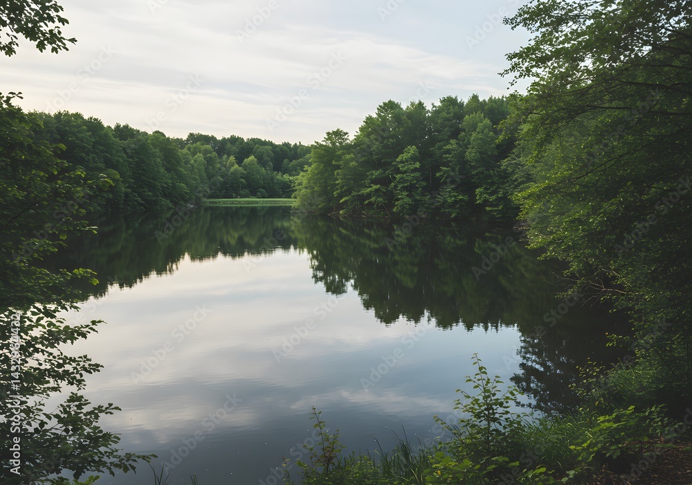 Fototapeta premium Serene forest lake scene tranquil nature background