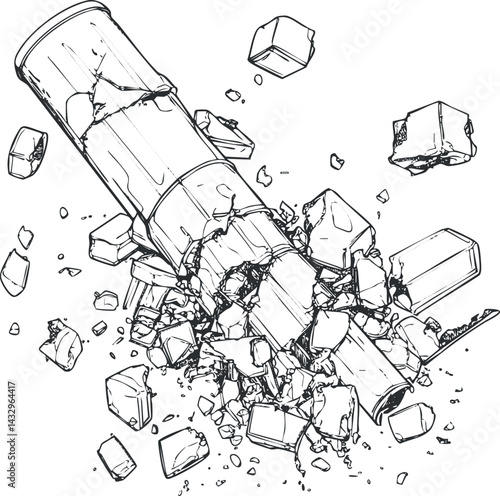 Detailed black and white illustration of a shattered glass object with scattered fragments and shards