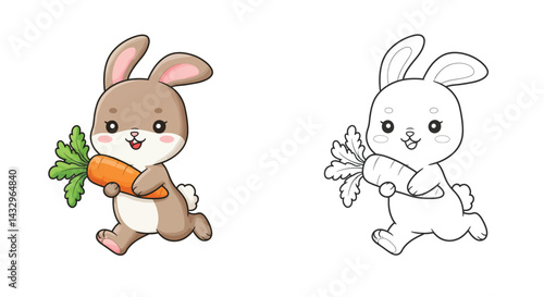 Joyful Bunny and Carrot: An adorable bunny with a big smile, its soft fur a mix of browns and creams, joyfully hops along while clutching a juicy carrot.